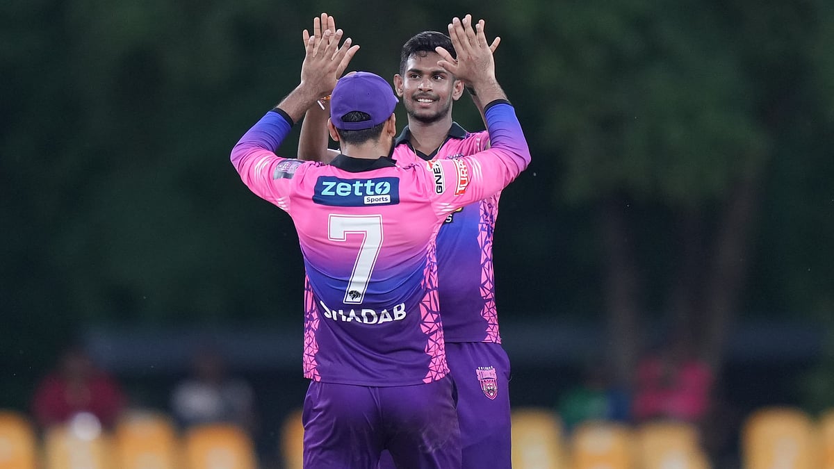 Matheesha Pathirana (right) celebrates a wicket with teammate Shadab Khan during the Colombo Strikers vs Kandy Falcons, Lanka Premier League 2024 match in Dambulla on Saturday (July 6). - Lanka Premier League